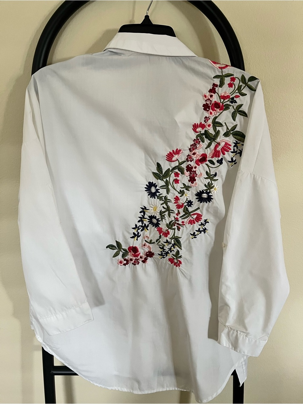 White Button-Up Blouse with Pink & Navy Floral Embroidery